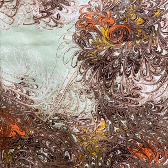 VTG Hand Printed Square Scarf Made in Japan Abstract Marbled Swirl Brown Green - Picture 2 of 7